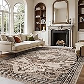 Joydeco 5x7 Area Rugs for Living Room, Machine Washable Vintage Area Rugs, Low Pile Non Slip Carpet, Lightweight Chenille Print Rug for Bedroom, Dining Room, Home Office, Light Coffee