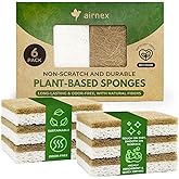 AIRNEX 6 Pack Biodegradable Natural Kitchen Sponges - Eco Friendly Cellulose and Coconut Dish Scrubbers - Odourless, Non Scra
