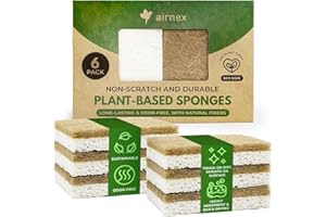 AIRNEX 6 Pack Biodegradable Natural Kitchen Sponges - Eco Friendly Cellulose and Coconut Dish Scrubbers - Odourless, Non Scra