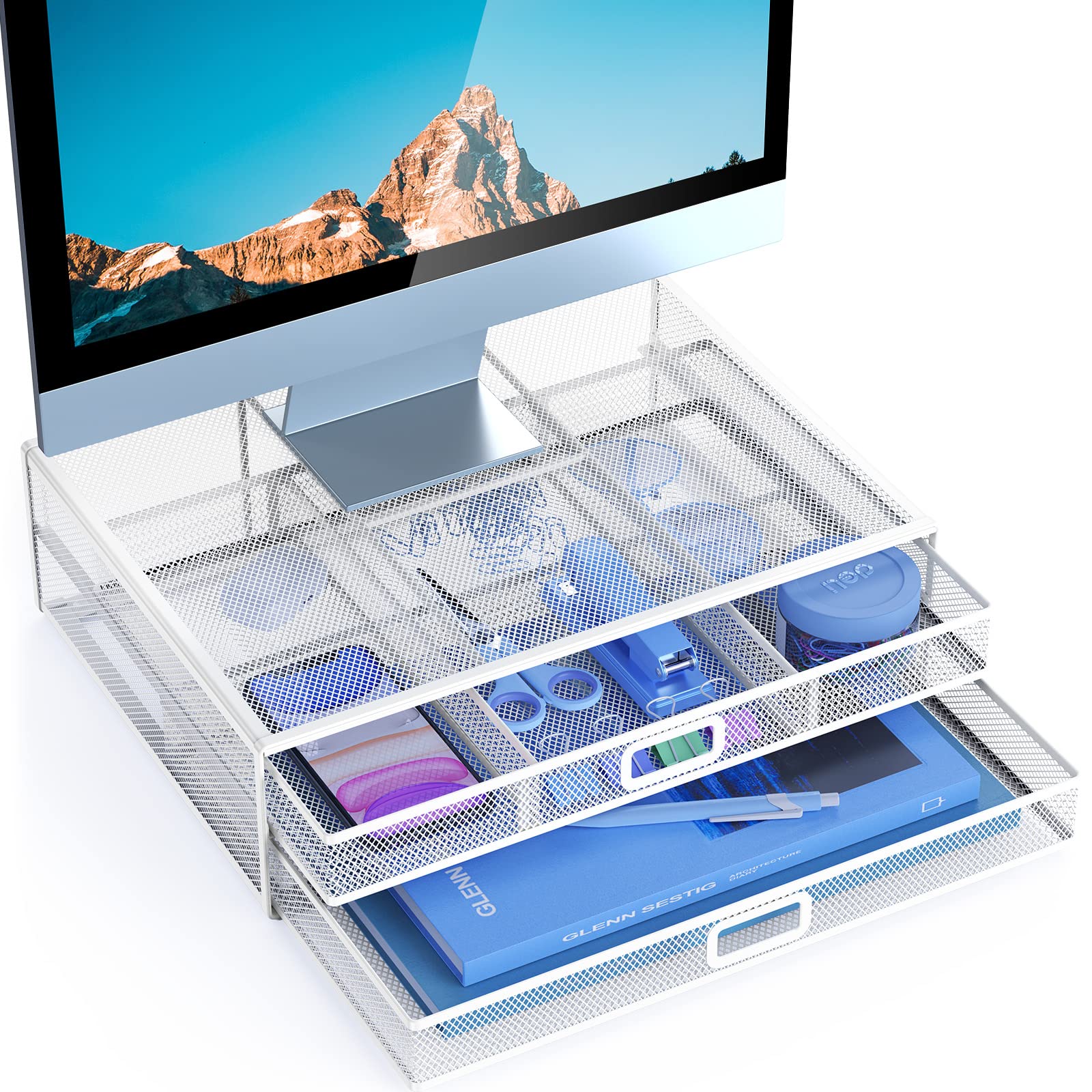Photo 1 of HUANUO Monitor Stand Riser with Drawer - Mesh Metal Desk Organizer PC, Laptop, Notebook, Printer Holder with Pull Out Storage Drawer (White)