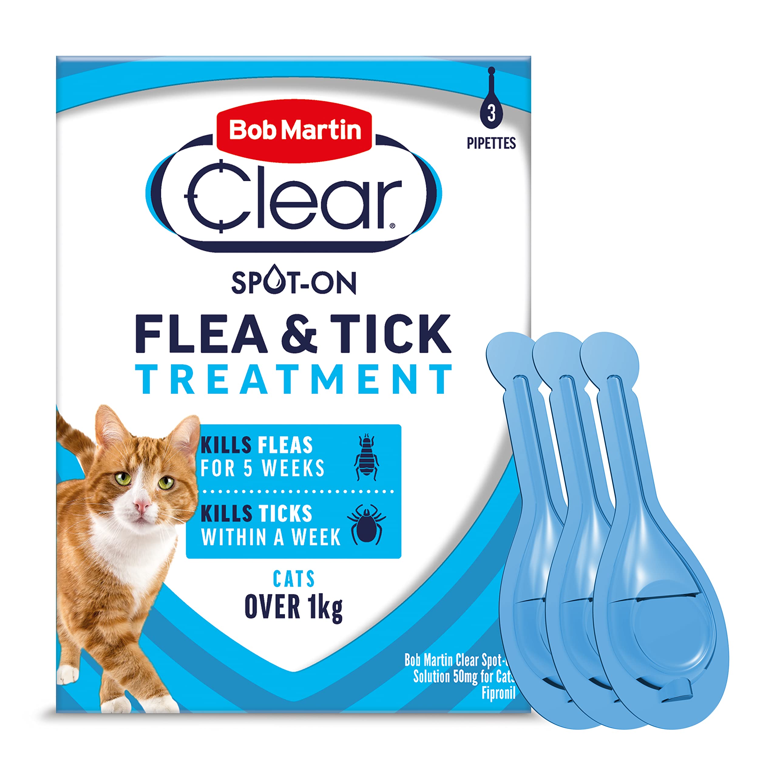 Bob Martin Clear Spot On Flea Treatment for Cats & Kittens - Kills Fleas & Ticks (3 Pipettes)