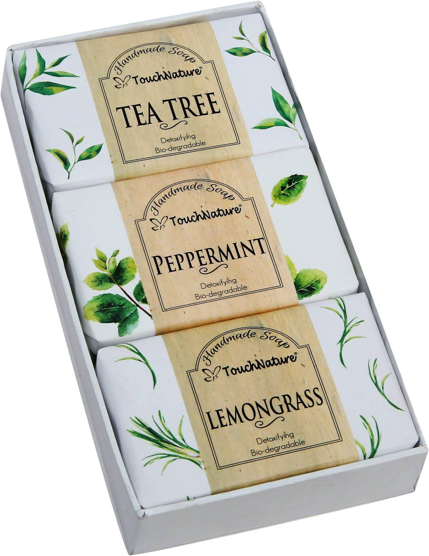 Touch Nature Herbal Garden Cold Process Handmade Soap Gift Set. (Tea Tree. Lemongrass. Peppermint) 3pc 100g.