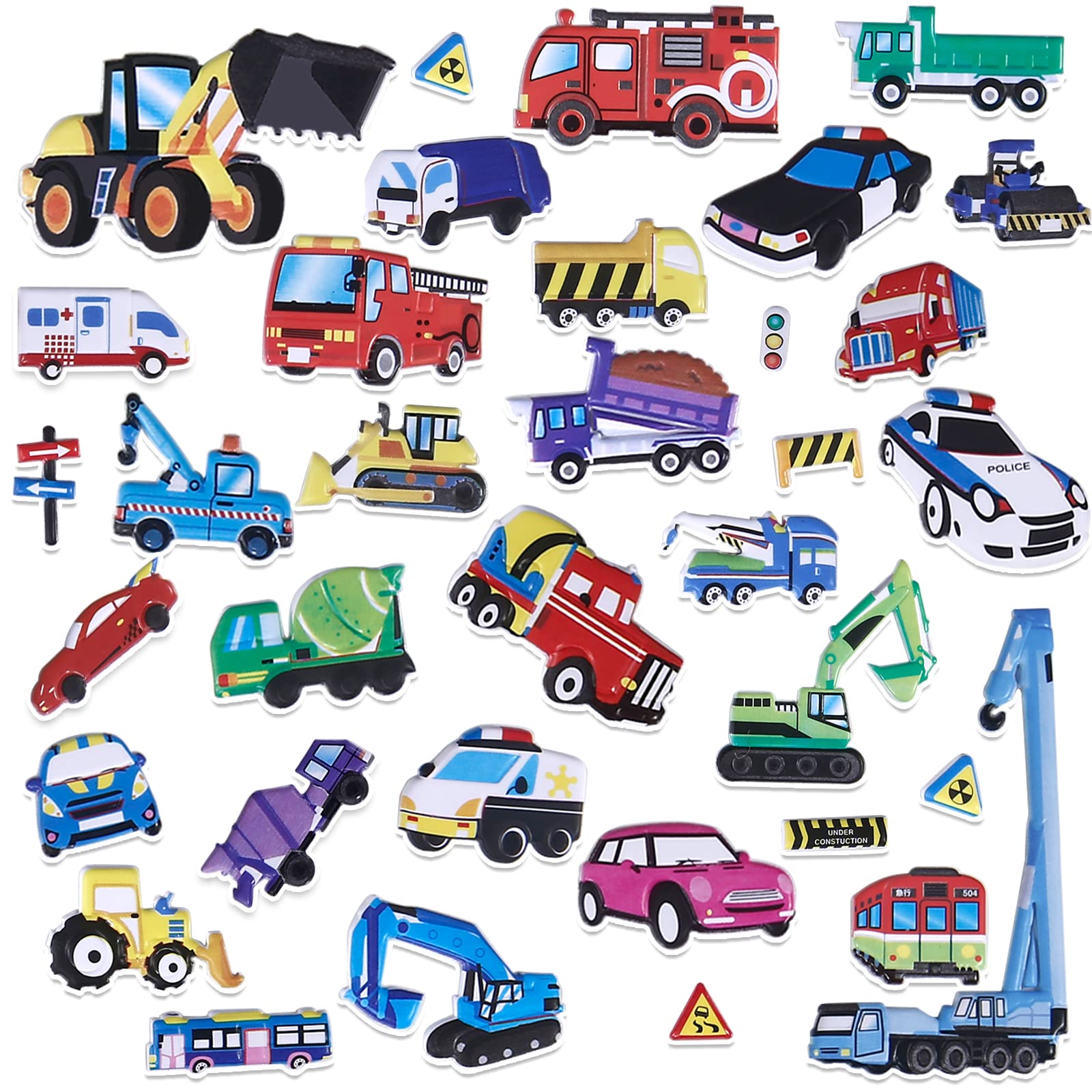 Puffy Vehicle Stickers for Kids Toddlers - 3D Puff Car Stickers for Boys Reusable Foam Sticker with Construction Truck,Tractor,Fire Truck,Police Car,Bus,Transportation Stickers Bulk,4 Sheets.