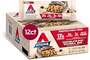 Atkins Chocolate Chip Granola Protein Bar, High Fiber, Low Sugar, 17g Protein, 3g Net Carb, High Protein Bars, Keto Friendly, 12 Count