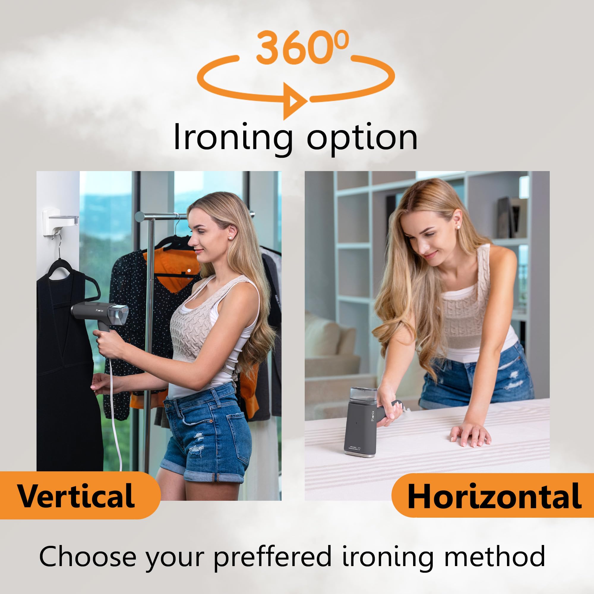 Pionix Handheld Garment Steamer - Foldable Handheld Steamer Clothes, 2-in-1 Horizontal & Vertical Fabric Steamer, Portable Hand Held Steamers for Clothes, 1000W Steam Press for Home & Travel - black