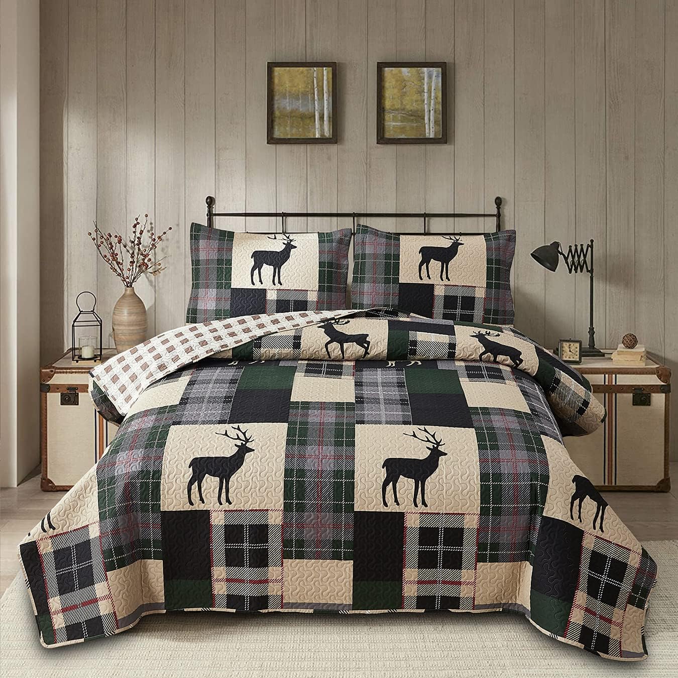 Rustic Deer Bedding Summer Patchwork Plaid Quilts Set Twin Size, 3Pcs