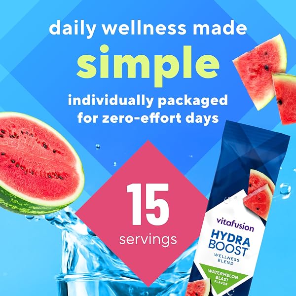 VITAFUSION HYDRABOOST DRINK POWDER PACKETS, ELECTROLYTES SUPPORT DAILY HYDRATION, VITAMINS SUPPORT CELLULAR ENERGY & IMMUNE HEALTH, PREBIOTIC FIBER SUPPORTS GUT HEALTH, WATERMELON BLAST, 15 STICKS