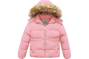 CREATMO US Girl's Kids Metallic Shiny Jacket with Detachable Fur Collar Warmth Winter Outerwear