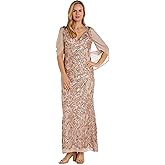 R&M Richards Women's Elegant Velvet Gown W/Side-Ruched & Brooch | Long Sleeve Wrap Dress Cocktail Party Attire