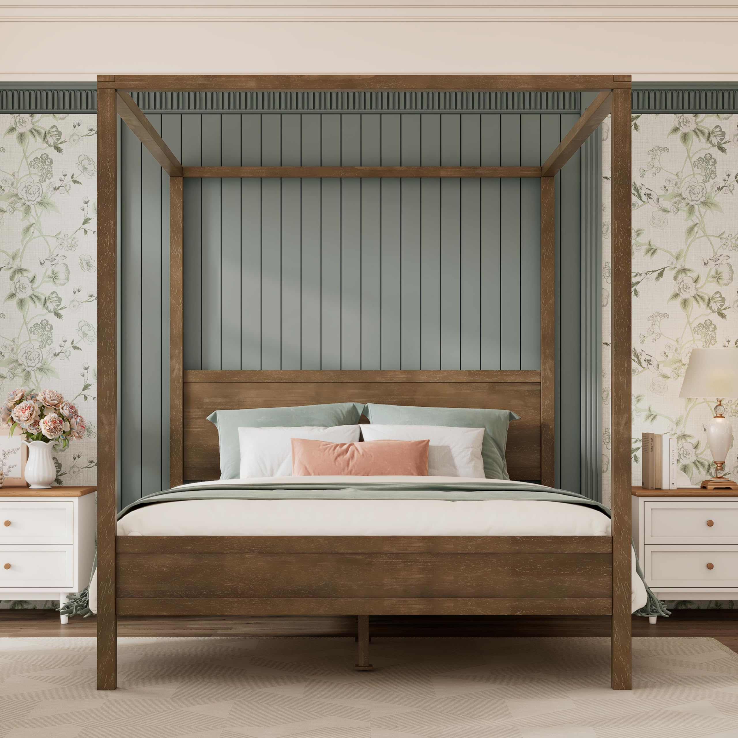 Photo 1 of **see note **Merax Solid Wood Canopy Bed Queen Size with Headboard Antique Oak Feature Farmhouse Queen Canopy Bed Frame with Slats Support, No Box Spring Needed