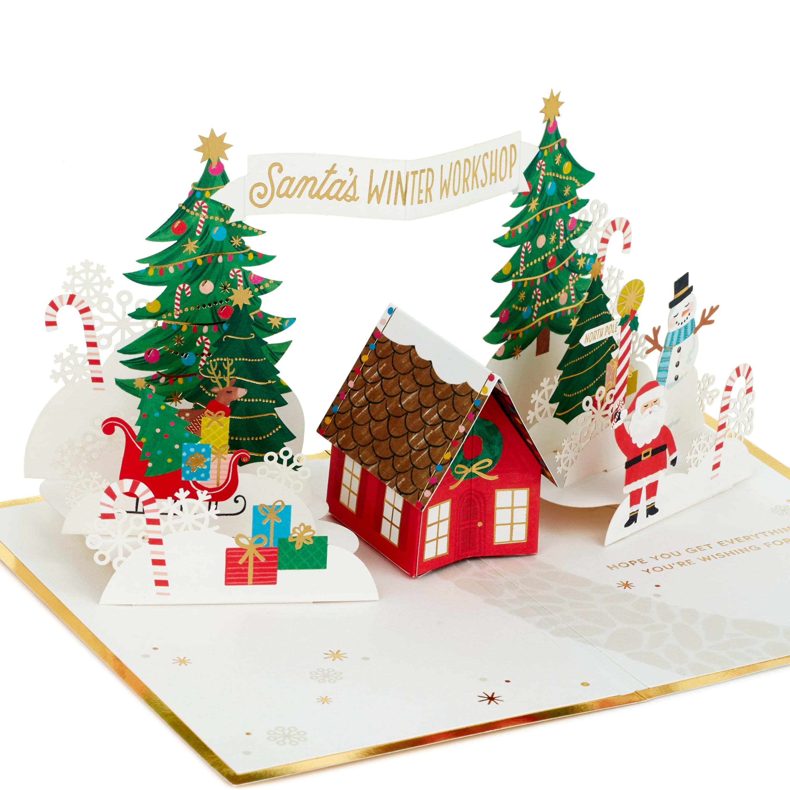 Hallmark Christmas Card, 3D and Pop-Up Card, Santa's Workshop, Winter Wonderland, Red, Green, Gold