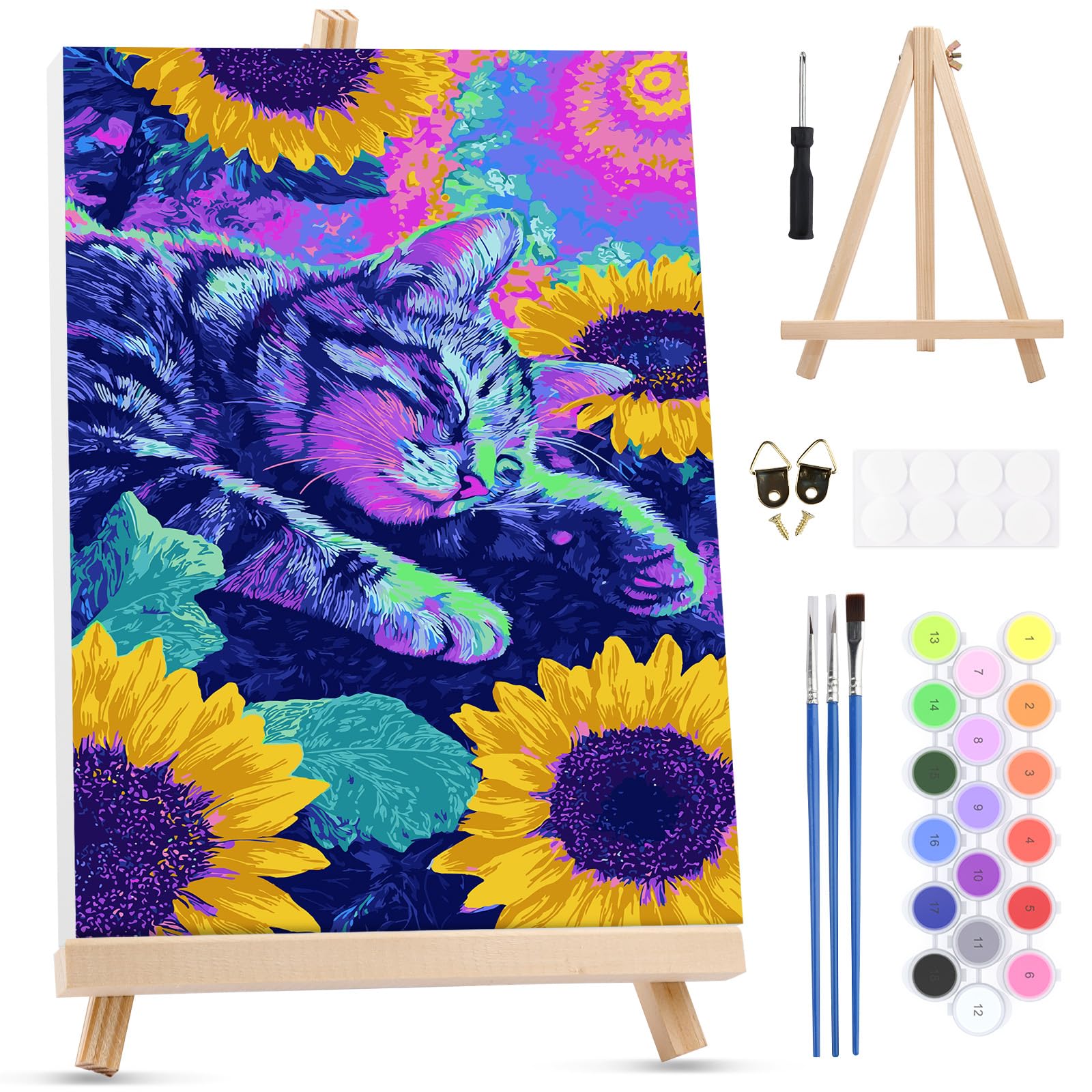 MXJSUA Cat Sunflowers Framed Paint by Numbers Kit for Adults Beginner with Wooden Easel, Adults' Paint-by-Numbers on Canvas, Easy DIY Acrylic Number Painting for Home Decor Gifts, 20x30cm