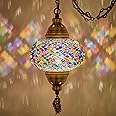 DEMMEX Plug-in Turkish Moroccan Mosaic Hanging Pendant Ceiling Light – Swag Lamp Fixture with 15ft Cord & Chain, Handcrafted Glass, Vintage Tiffany Style, Mediterranean Exotic Decor