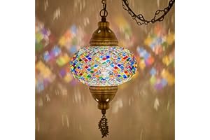 DEMMEX Plug-in Turkish Moroccan Mosaic Hanging Pendant Ceiling Light – Swag Lamp Fixture with 15ft Cord & Chain, Handcrafted Glass, Vintage Tiffany Style, Mediterranean Exotic Decor