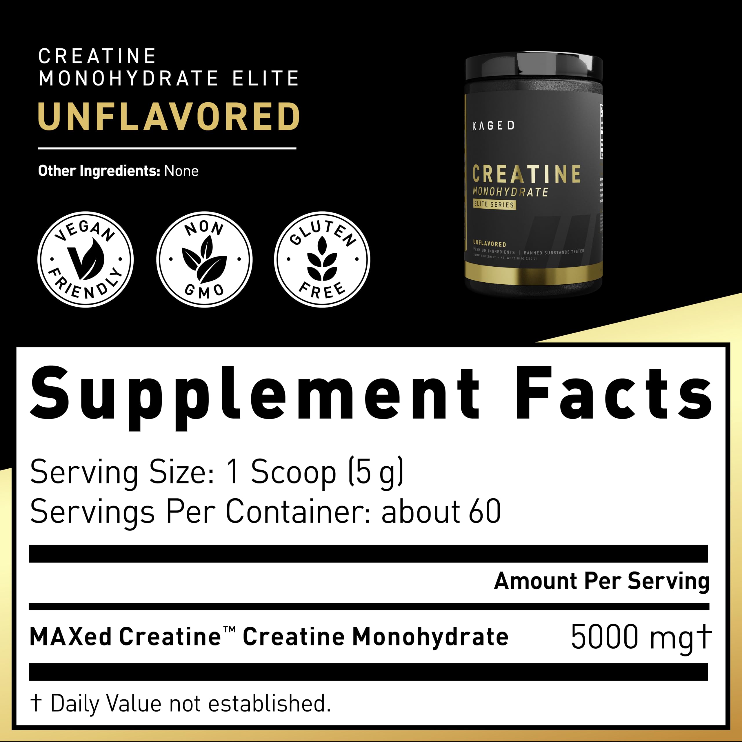 Kaged Creatine Monohydrate Elite Powder | Unflavored | Muscle Building & Recovery | MAXCatalyst for High Absorbtion | Vegan, Gluten Free, Easily Digestible | Supplements for Men & Women | 60 Servings