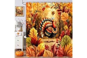 ICTEISOM Fall Shower Curtain Thanksgiving Turkey Autumn Maple Leaves Harvest Bathroom Curtains Set, Romantic Rustic Farmhouse Waterproof Polyester Fabric Bath Decor 72x72 Inch
