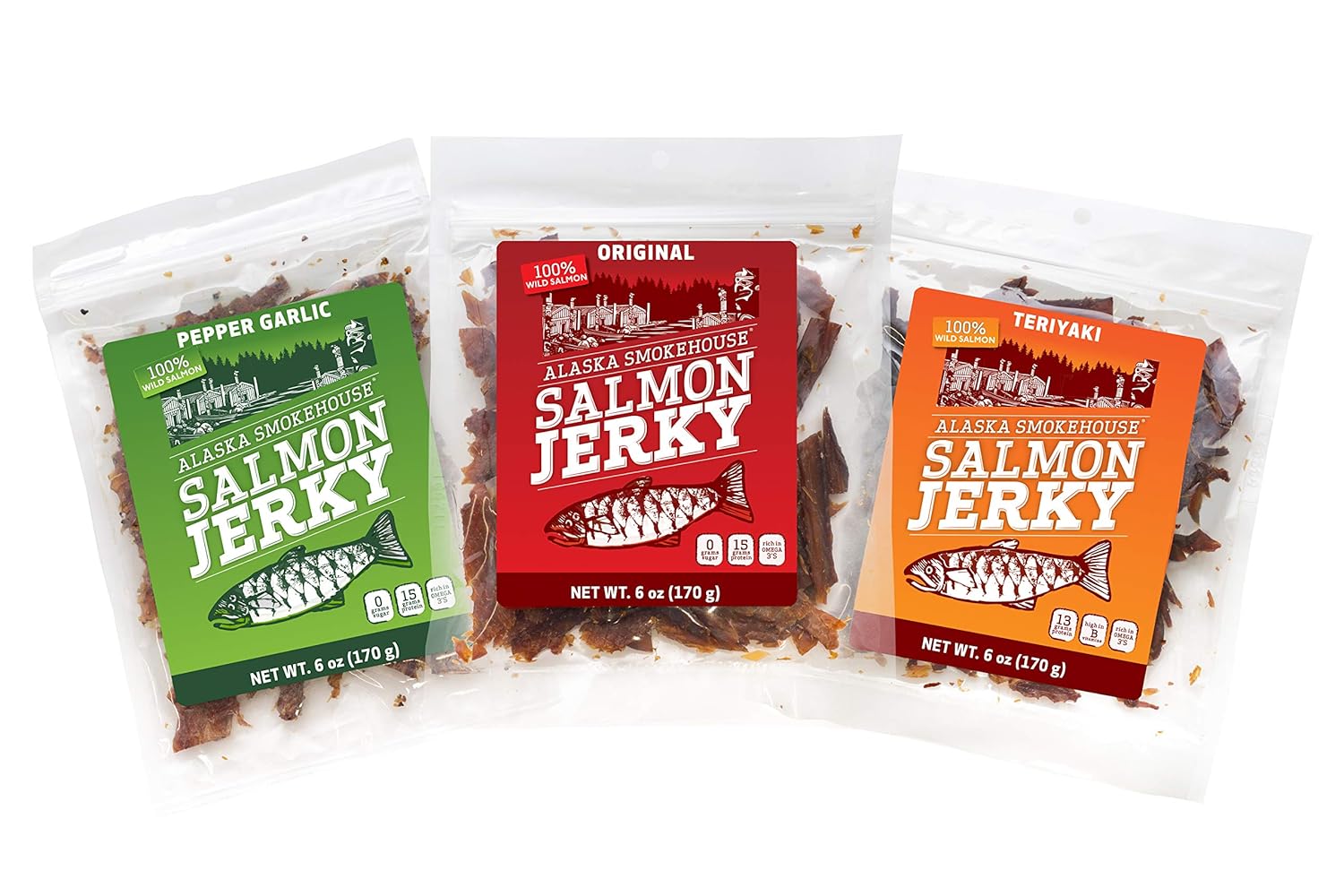 Alaska Smokehouse Smoked Salmon Jerky Trio Original, Pepper Garlic