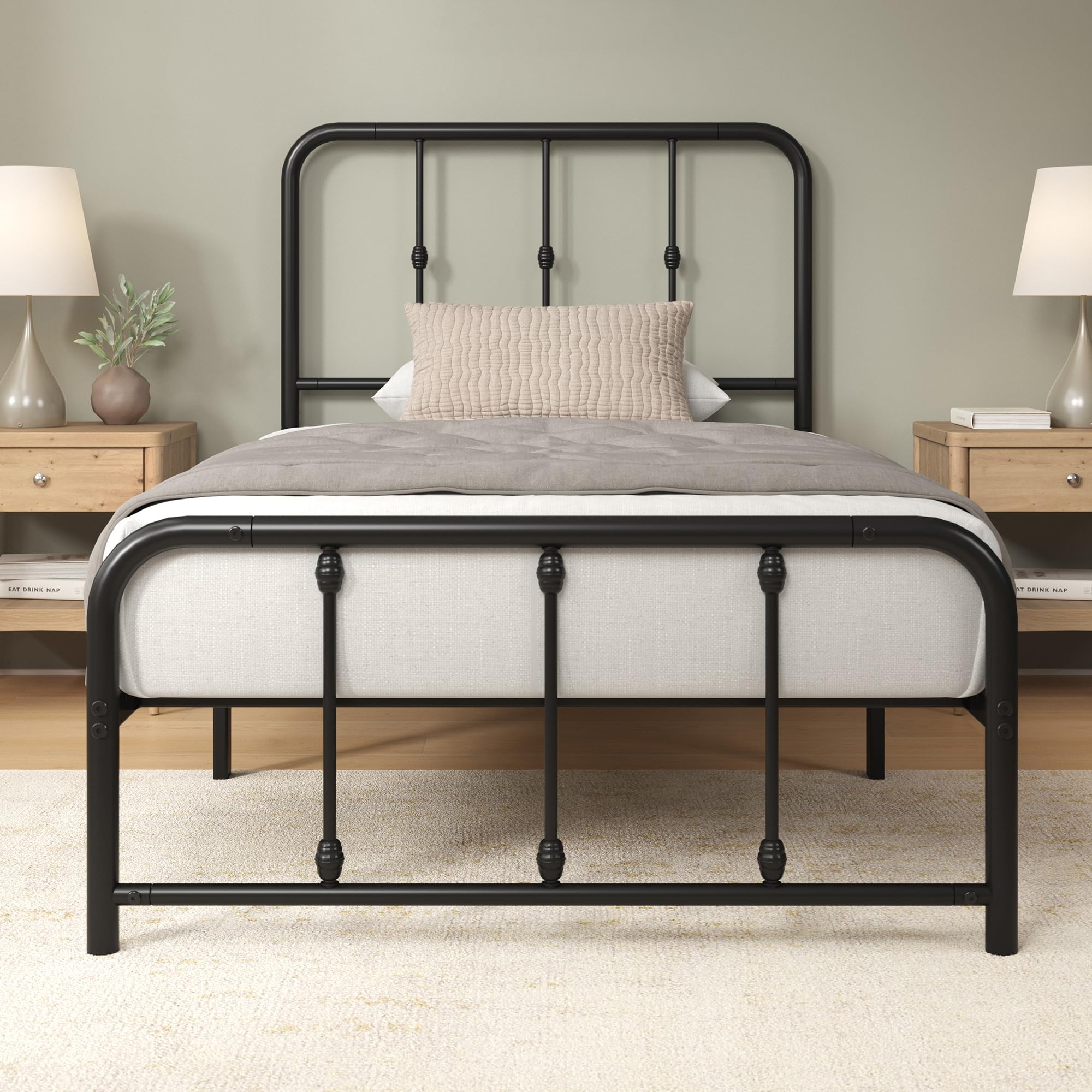 Zinus Leonardo Metal Platform Bed Frame, Victorian Spindle Style Headboard and Footboard, Heavy Duty Bed Base, Ample Underbed Space, Twin Image