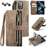 Lxisxcna iPhone 13 5G Wallet Case with Card Holder Kickstand Magnetic Zipper Pocket Lanyard Strap Wristlet,Leather Flip Case Wallet for iPhone 13 5G 6.1 Inch(Brown)