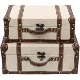 Decorative Vintage Suitcase Set of 2, Wooden Storage Trunk Boxes | With Faux Leather Straps and Metal Latch, Rustic Decorative Boxes for Home Office Desk and Shelf Organization