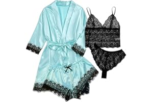 Gamivast Sexy Lingerie for Women 2023 Naughty Silk Pajama Set Robe Floral Lace Nightgowns Satin Pj Set Multi Piece Pajama Set