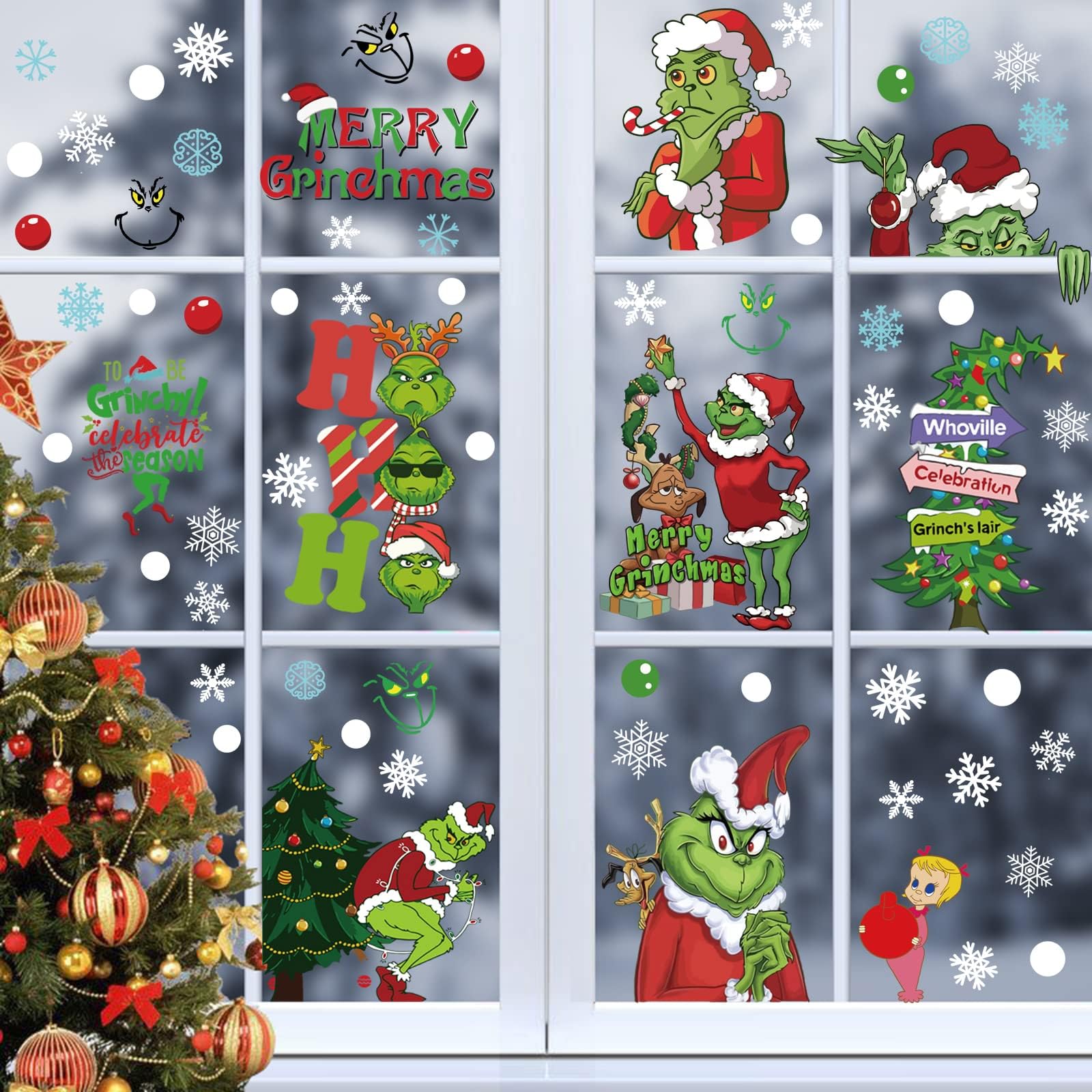YTUGCG Christmas Window Stickers 9 Sheets, Grinch Merry Christmas Window Clings Sticker, Snowflakes Sticker for Office Home School Christmas Party Supplies Winter Holiday Grinch Window Decoration