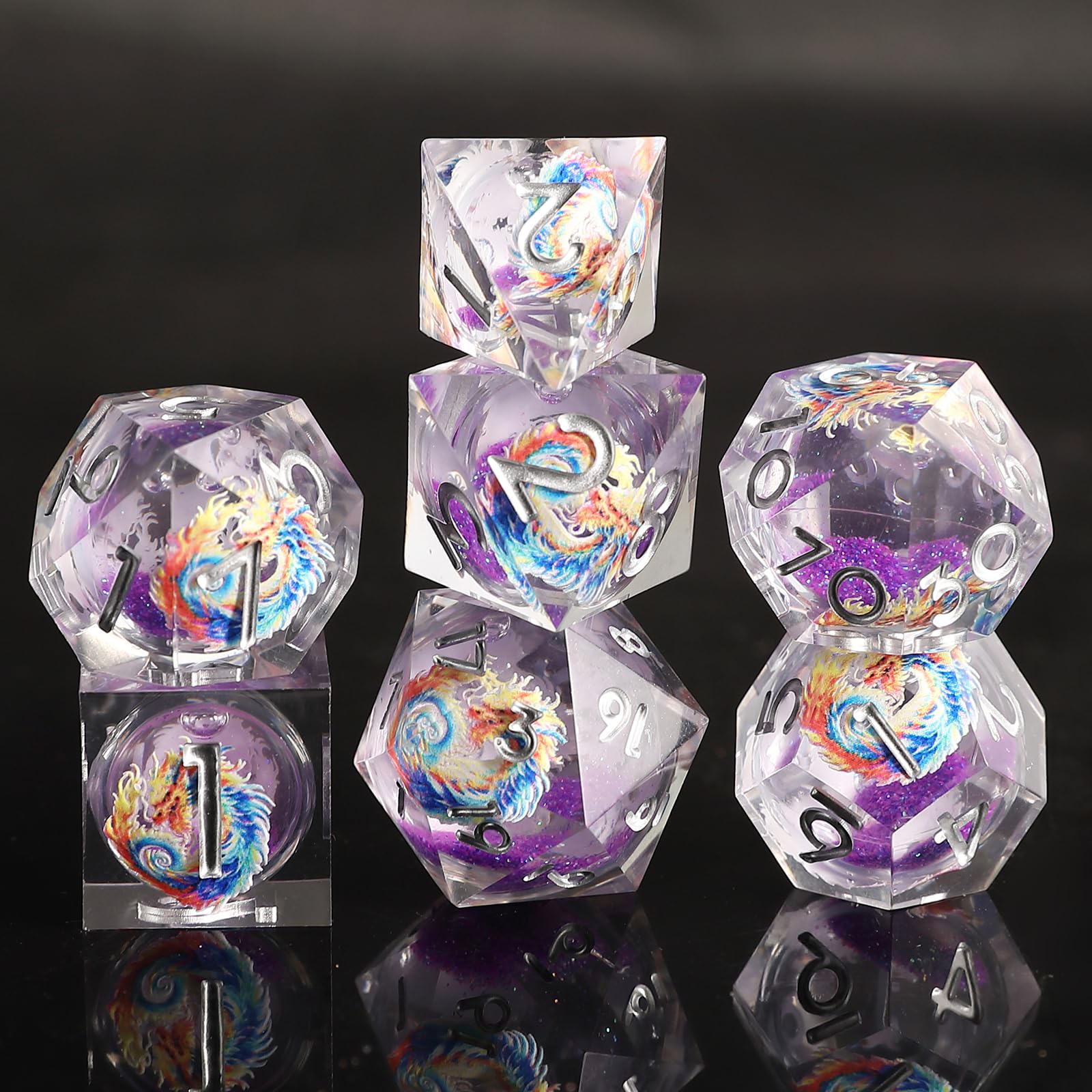 D&D Dice Set Quicksand Resin Sharp Edge Dice 7pcs Handmade DND Dice for Polyhedral Dungeons and Dragons MTG RPG Ttrpg Pathfinder Roleplaying D and D D20 D12 D10 D8 D6 D4 Dice with Box