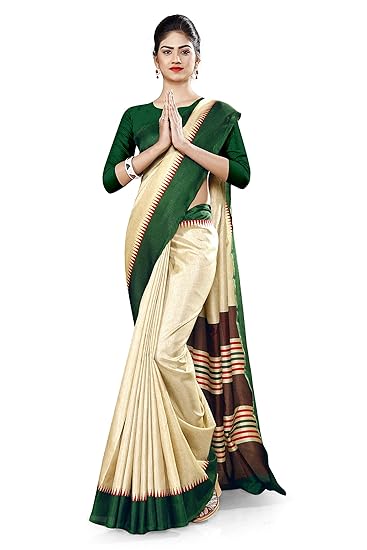 Uniform Sarees Corp Womens Gala Border Polycotton CotFeel Annual Function Uniform Saree With Blouse (Beige;Bottle Green)