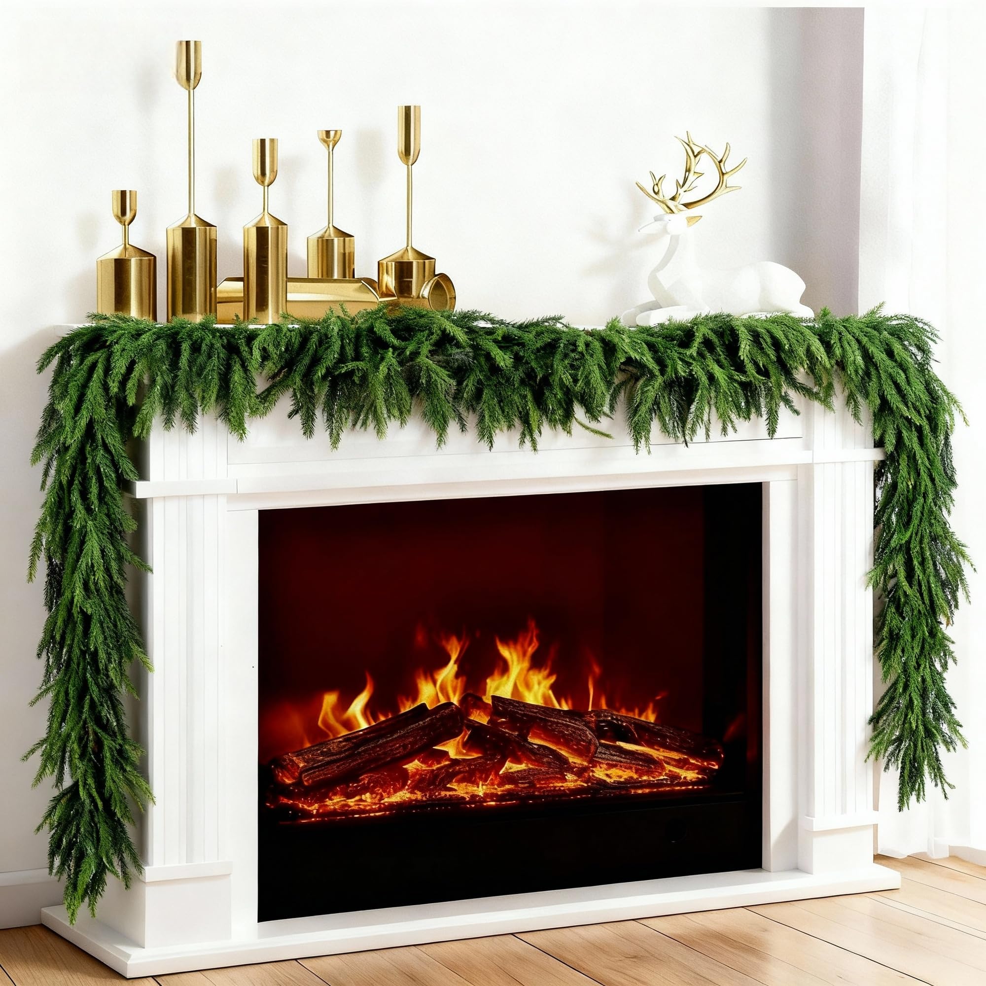 Photo 1 of 2 Pack Christmas Norfolk Pine Garlands 9FT, Real Touch Artificial Greenery Garland – Full Evergreen Pine Garland for Mantle, Fireplace, Table, Wall, Stairs & Outdoor Holiday Décor