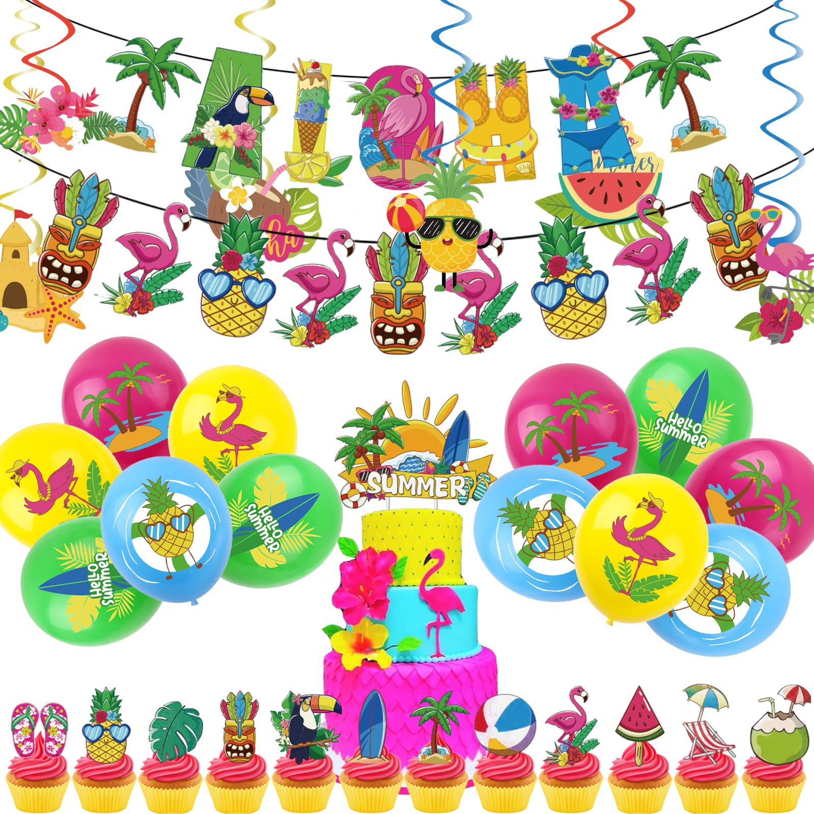 44pcs Hawaiian Tropical Party Decorations Set,Aloha Banner Bunting,Hawaii Latex Balloons Pineapple Palm Leaves Flamingo Cake Toppers Hanging Spiral for Summer Beach Hawaiian Theme PartySupplies