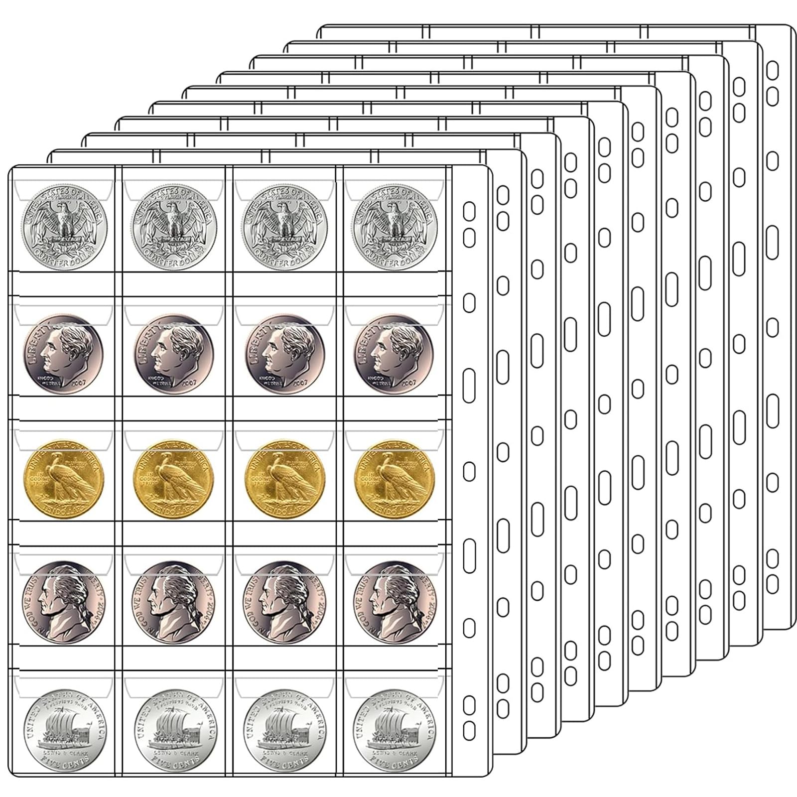 Ettonsun 10 Sheets 20-Pocket Coin Collecting Pages Coin Sleeves, Binder Inserts Coin Pocket Pages Collecting Sleeves for Most Coin Collection Holder Book Album