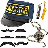 Yezmo Train Conductor Costume Accessories, Express Costume Set with Conductor Hat Train Whisle Pocket Watch Mustaches for Men Women for Party Christmas