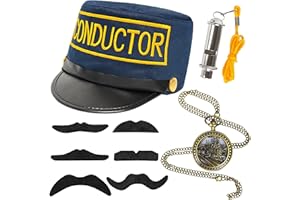 Yezmo Train Conductor Costume Accessories, Express Costume Set with Conductor Hat Train Whisle Pocket Watch Mustaches for Men Women for Party Christmas
