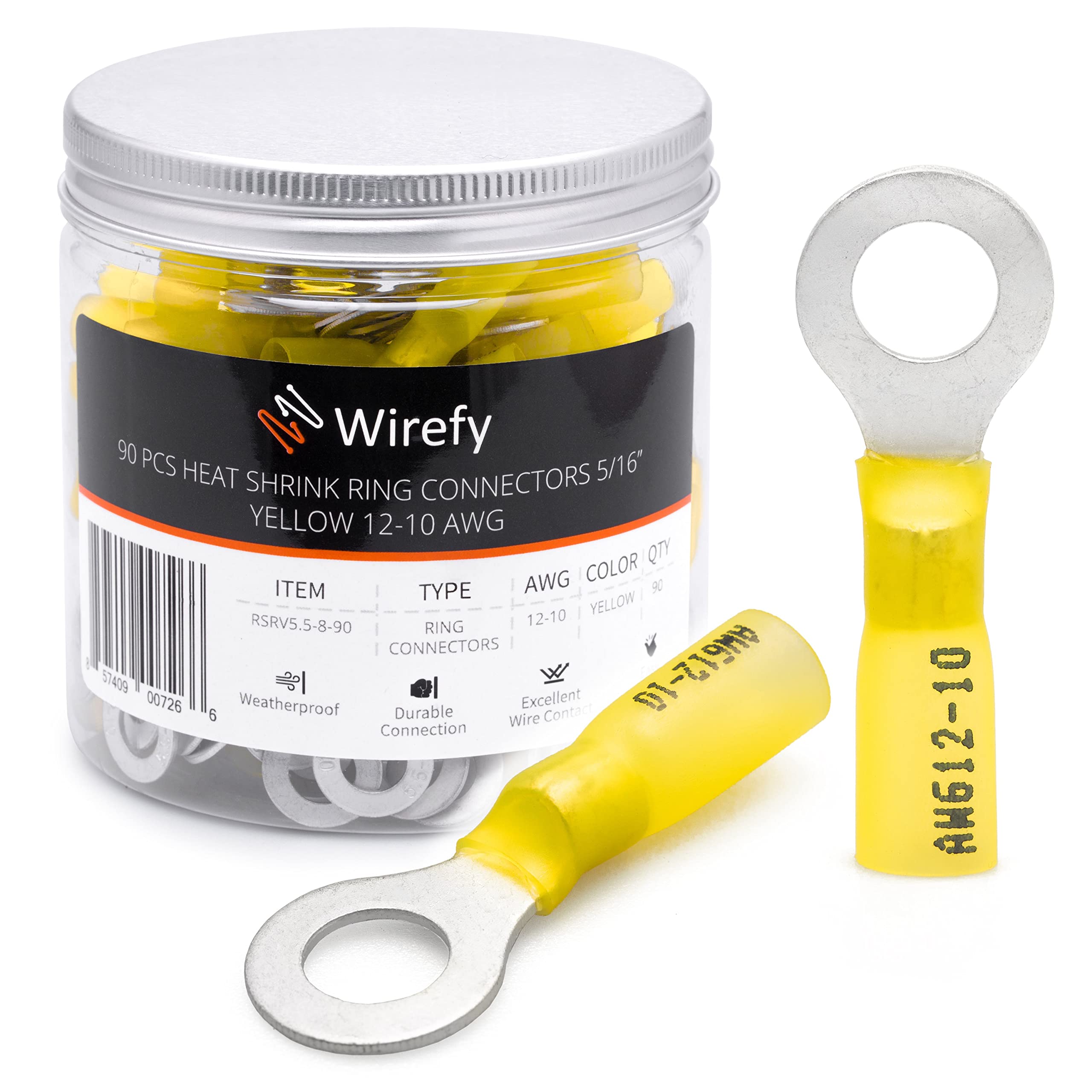 Wirefy Heat Shrink Ring Terminals 5/16" - Marine Grade Terminal Connectors - Waterproof Eyelet Wire Connectors - Red 10-12 AWG - 90 PCS