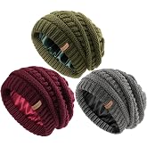 FURTALK Womens Slouchy Winter Beanie Knit Hat Satin Lined 3 Pack Skull Cap | 100% Acrylic Warm Exterior, Premium Smooth Satin Liner, Remain Hairstyle Intact, Stretchable Fit, Daily Cold Weather Wear