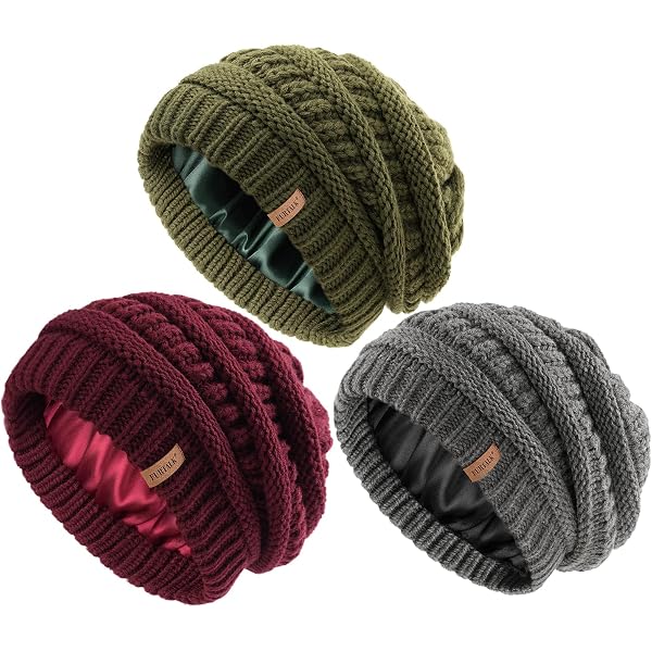 3 Pack Satin Lined Beanie for Women, Warm Slouchy Winter  display picture 3