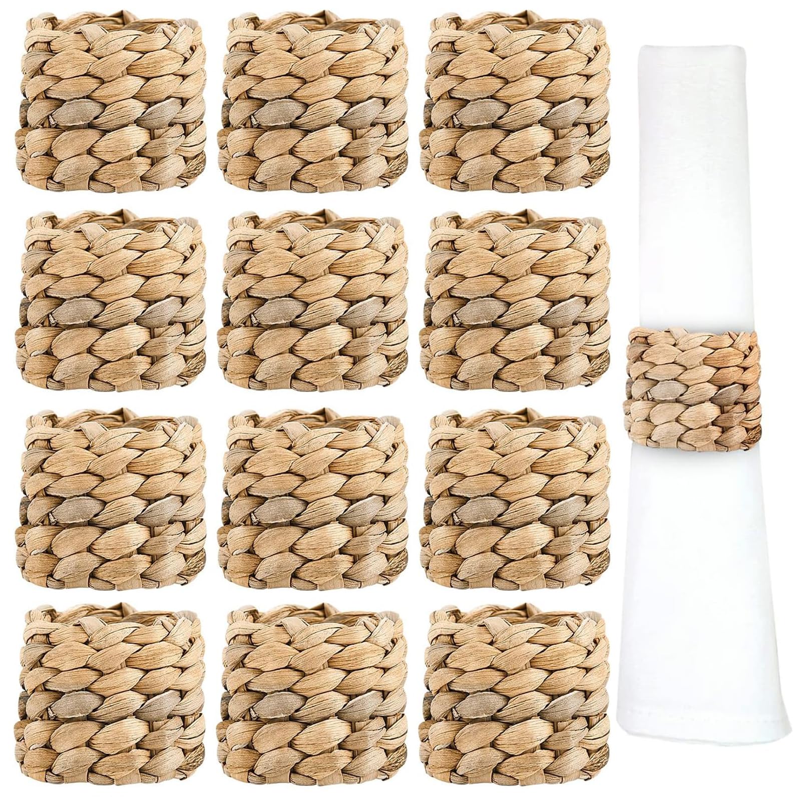 TFUFR 12PCS Napkin Rings Set, Natural Water Hyacinth Napkin Ring Holder, Handmade Farmhouse Woven Napkin Rings Napkin Buckle for Christmas Lunch Thanksgiving Party Holiday Wedding Table Decoration