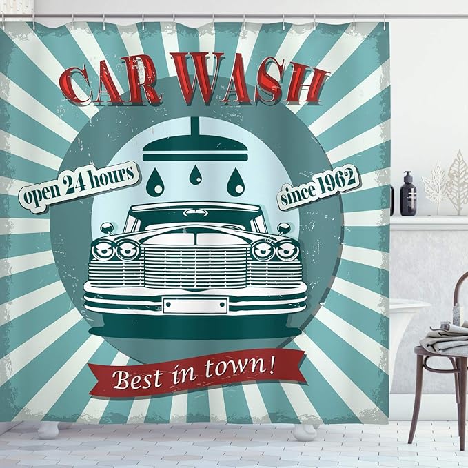 Amazon Com Ambesonne Retro Shower Curtain Vintage Graphic Design For A Car Wash Sign Commercial With Aged Classic Retro Arsty Cloth Fabric Bathroom Decor Set With Hooks 70 Long Red Teal Home