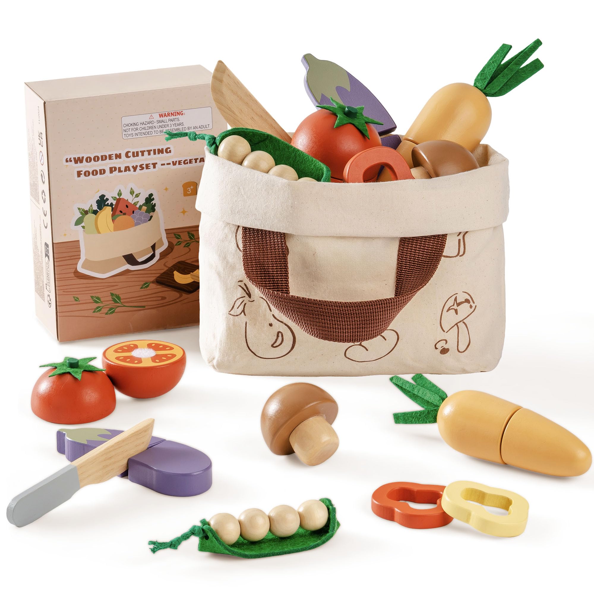 ROBOTIME Wooden Play Food, Kids Kitchen Cutting Set, Toddler Realistic Pretend Play Food, Montessori Learning Toys for Children, Educational Role Play Gift for Boys Girls Age 3+, Vegetable Set