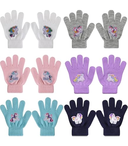 QKURT 6 Pairs Kids Gloves, Full Finger Winter Knitted Magic Stretch Gloves Warm Gloves For 2~5 Year Old Child Girls Boys School Commuting Outdoor Playing
