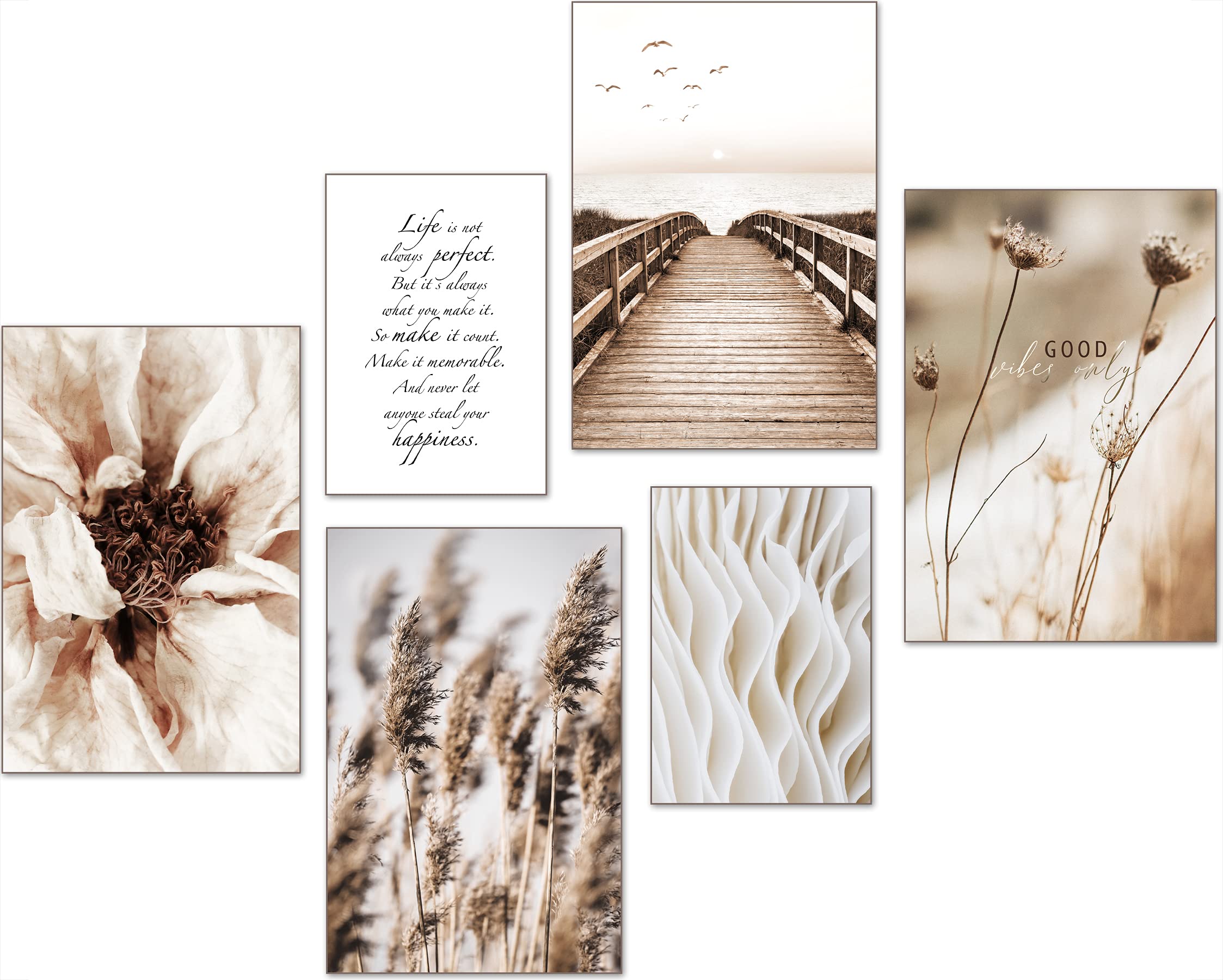artpin® W16 Modern Poster Set, Pictures for Decorating the Living Room & Bedroom, Pampas/Wild Grass/Sea Motifs in Beige, Unframed Wall Art (4 x A3 + 2 x A4)
