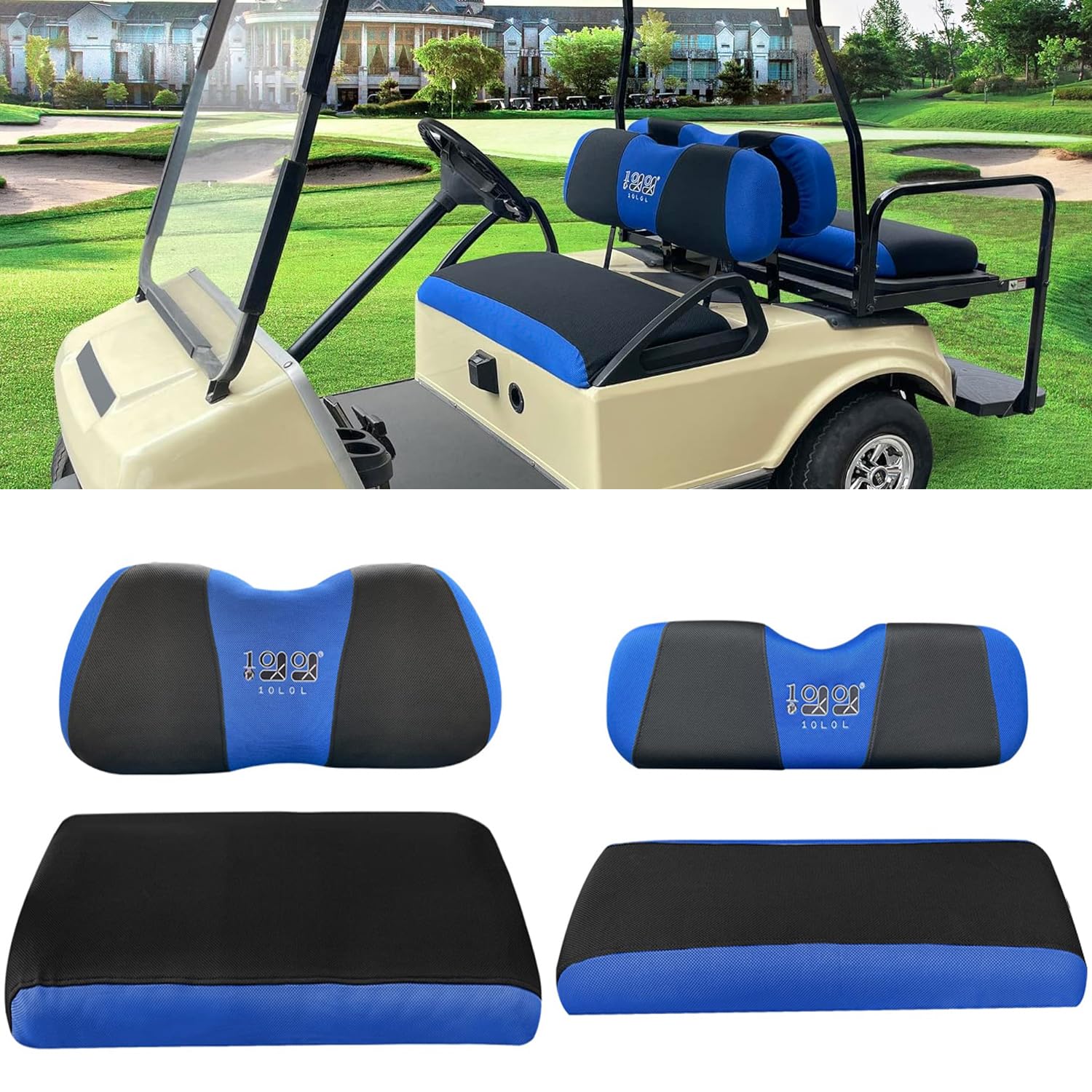 Photo 1 of 10L0L Golf Cart Front Rear Seat Cover Set for EZGO TXT RXV & Club Car DS 2000-up(Flat Backrest), Made of 3D Air Mesh Polyester Fabric Breathable Washable, Blue