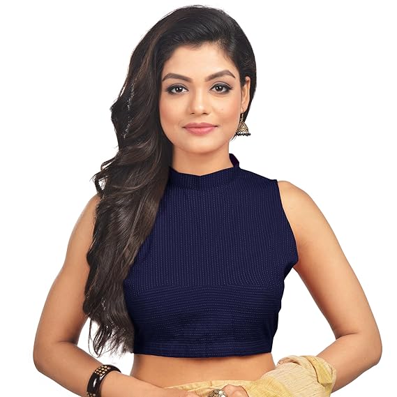 Women's Cotton Dobby Stitched Blouse (Navy Blue)