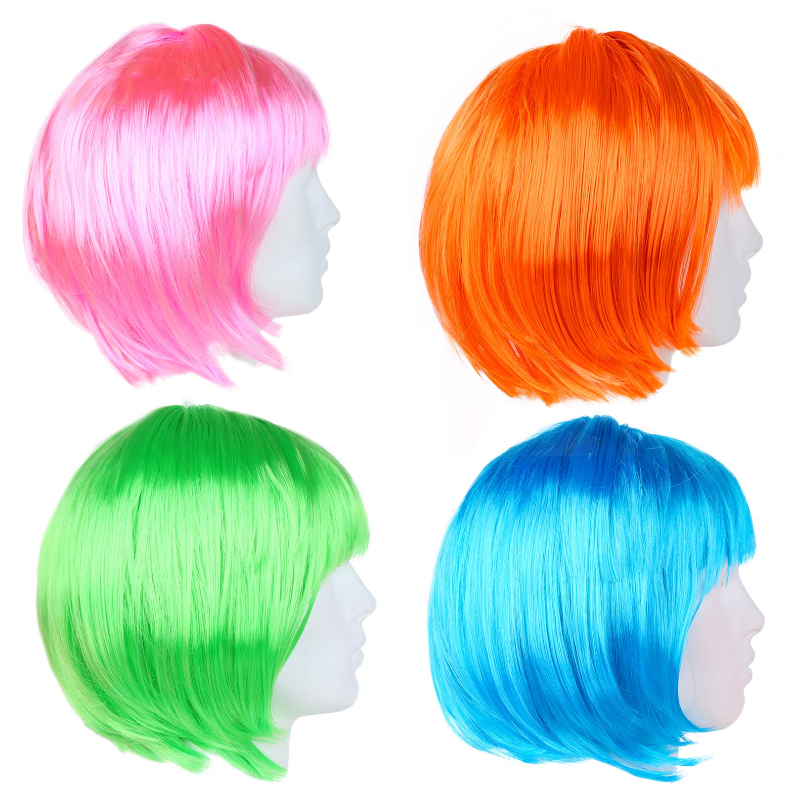 4 Pack Neon Short Bob Wig Costume - Colorful Cosplay Hairpieces for Bachelorette Party, Halloween and Decorations