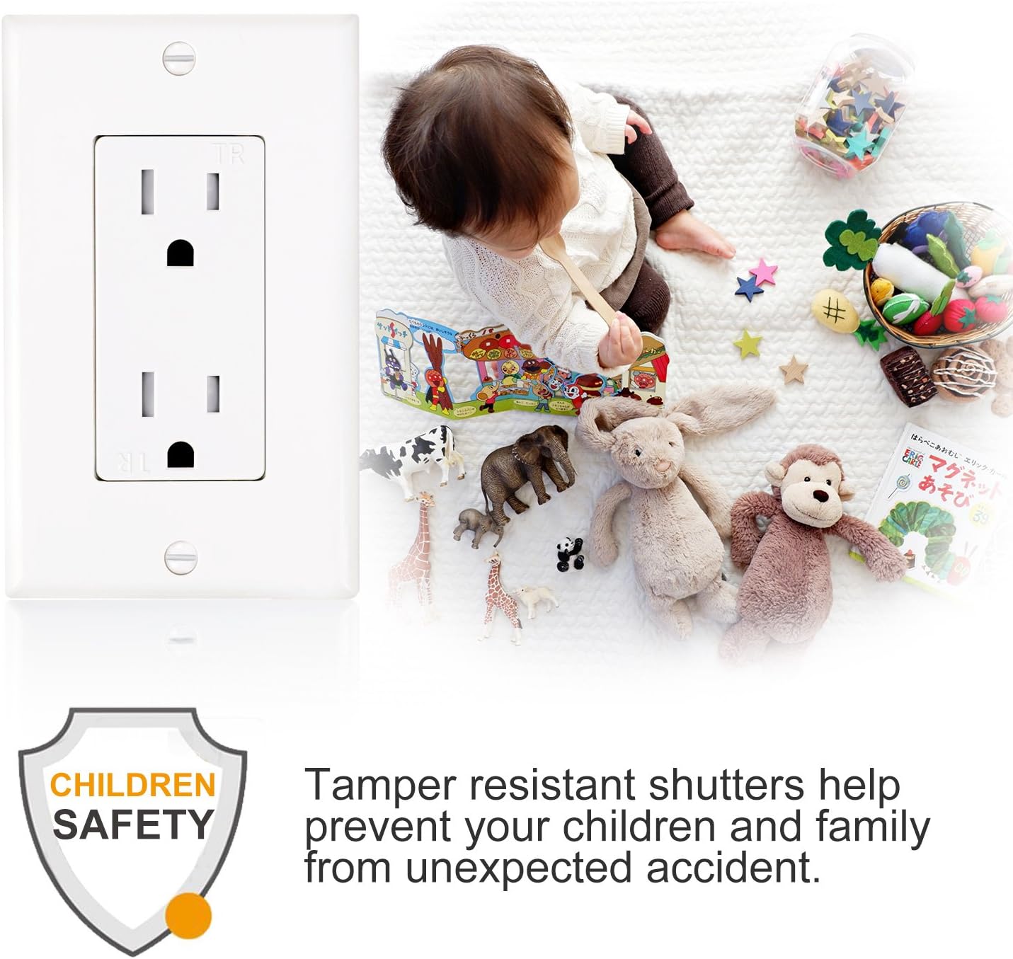AbboTech 15A Tamper Resistant Duplex Receptacle Standard Wall Outlet Decorative Electrical Outlet, Child Proof Safety, Wall Plates Included, White, UL listed. - - 