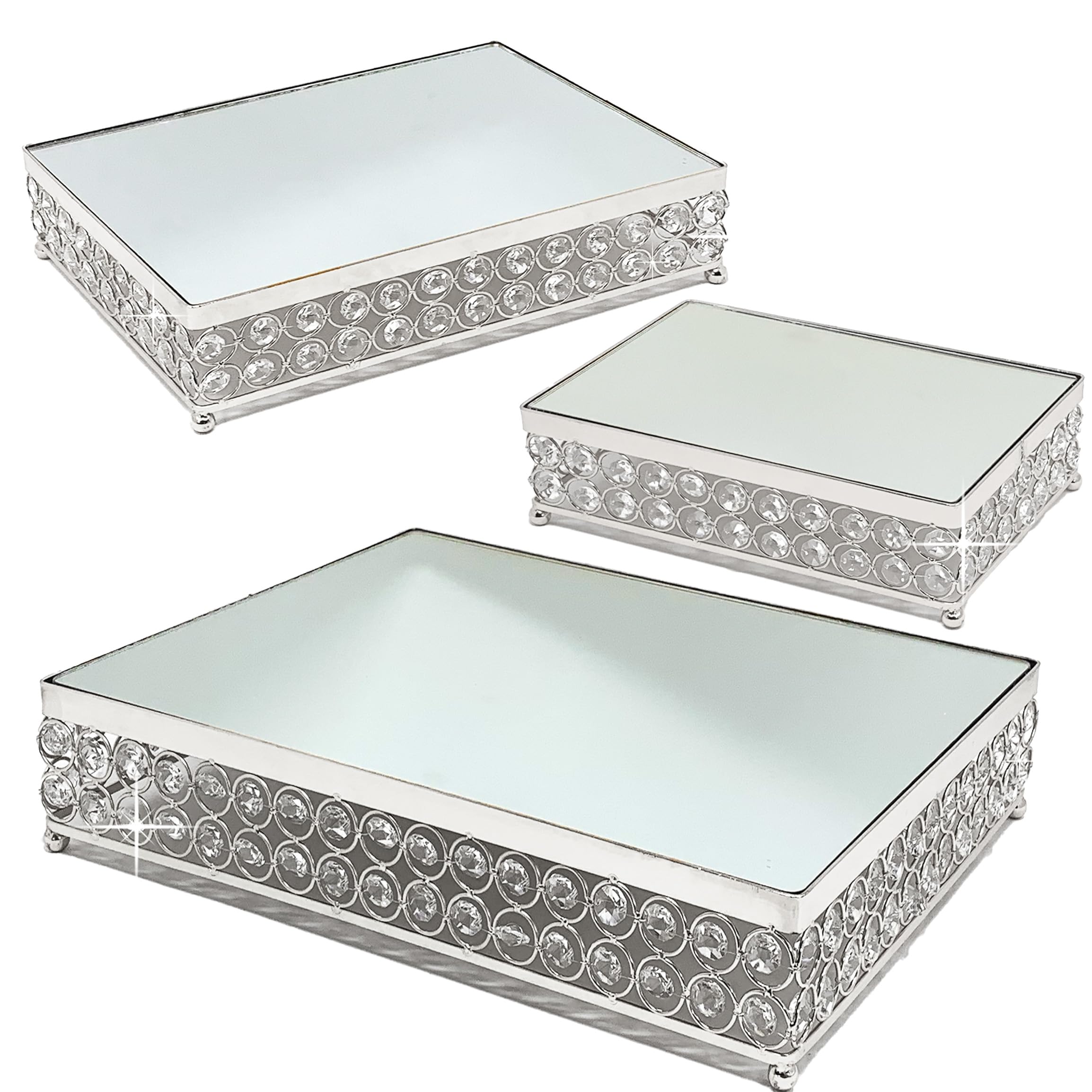 Photo 1 of allgala Wedding Cake Stands 3-Piece Set Crystal Silver Cheese Dessert Cupcake Cake Stand with Mirror Plate-Silver Rectangle-HD89205