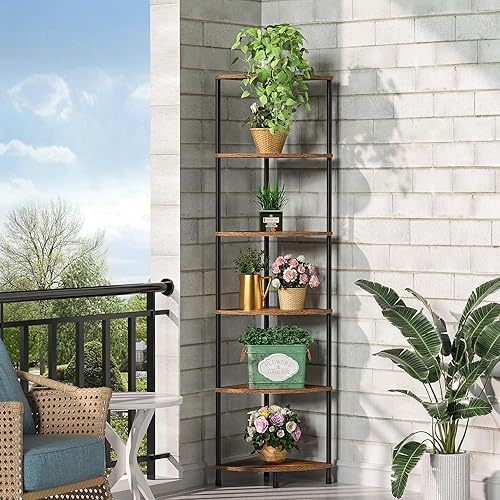 Greatseas Corner Plant Stand Shelf, 6 Tier Tall Shelf for Indoor Plants, Rustic Brown Corner Bookshelf Wall Decor Living Room, 54.4" Display Shelves for Bedroom, Bathroom, Small Space