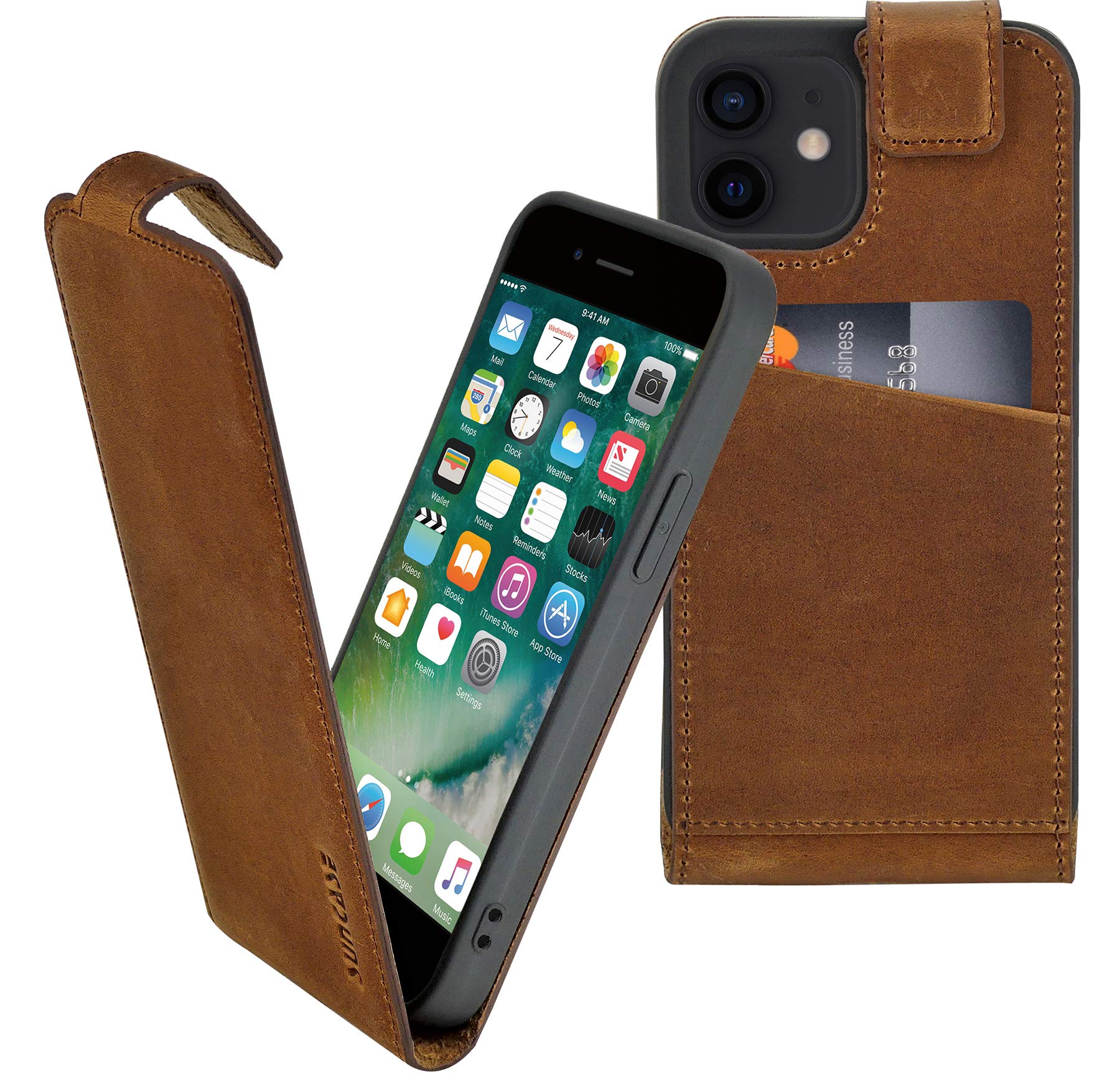 Original Flip-Style (Ultra-Slim) compatible with iPhone 12 (6.1") case leather case bag protective case cover in antique coffee