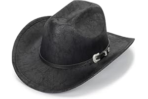 FGSS Women-Men Classic-Western Cowboy-Hat - Wide-Brim Pu Leather Cowgirl Cap Fedora Hats with Buckle Outback for Outdoor (22")