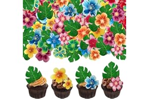 OUPUPA 88 pieces of edible green leaf cake decorations, mixed leaf and flower cupcake decorations for Hawaiian themed festive wedding birthday party supplies.